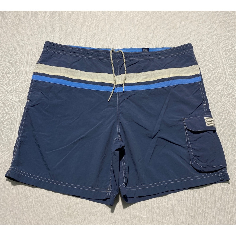 Chaps Mens Swim Trunks XL Navy‎ Blue Striped Cargo Pocket Nylon Board Shorts
